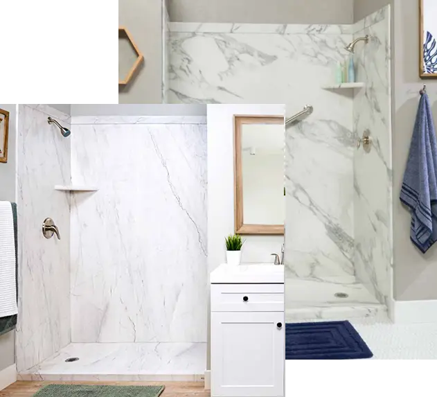 bath and shower combo Nashville with marble accent wall
